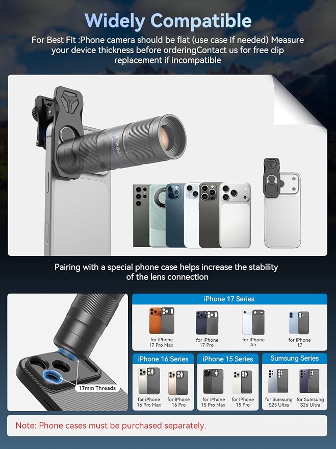 MIAO LAB 5-10X TeleZoom Lens for Smartphones – Aerospace Aluminum Build with Universal Clip for iPhone 17/16/15/14/13 Series (Excluding Air), Samsung, Google, Android – Travel Zoom Kit
