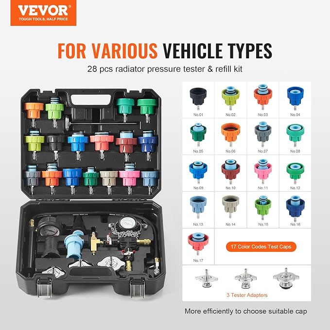 VEVOR 28 pcs Universal Radiator Pressure Tester Kit, Coolant Pressure Tester Kit with Manual Pump and Color-Coded Test Caps, Coolant Vacuum Refill kit for Cars Motorcycles Trucks Cooling System