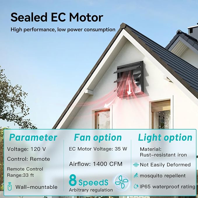 addlon 14 Inch Shutter Exhaust Fan Wall Mounted with 35W EC Motors and Remote, 1400CFM, Timer, 8 Speeds, Low Noise, Easy to Install, Plug in Ventilation Fan for Garages,Greenhouse, Attic, Chicken Coop