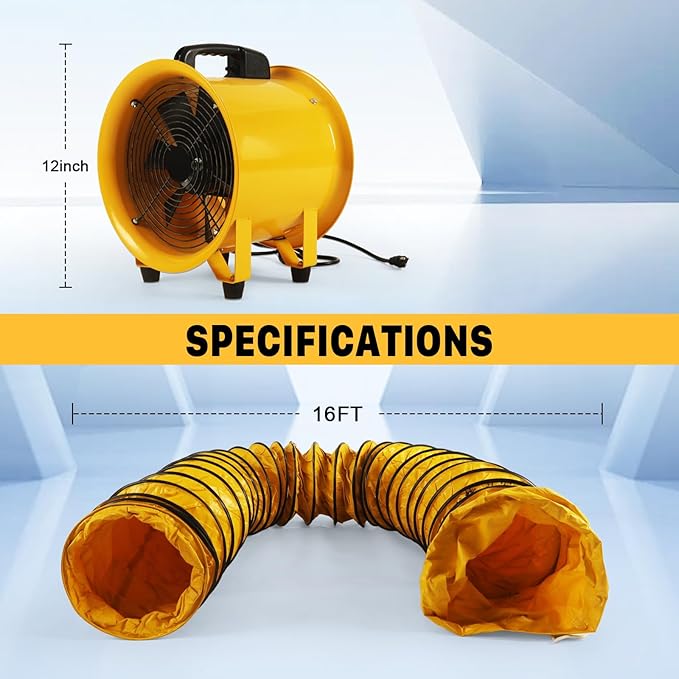 12 Inch Utility Blower Fan with 16 Ft Flexible Duct Hose, 2882 CFM High Velocity Industrial Ventilation Exhaust Fan, Portable Axial Ventilator with Ball Bearing Motor for Workshop, Basement, Job Site.