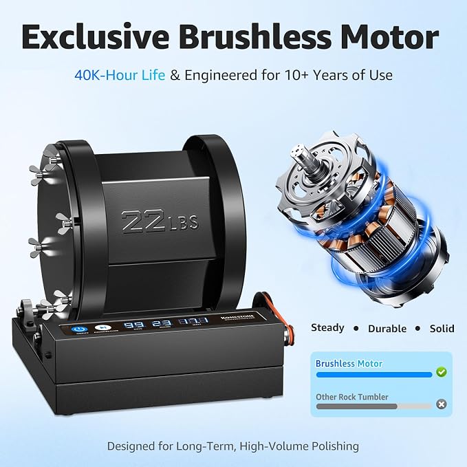 Professional Rock Tumbler – 22LB Extra-Large Capacity Rock Polisher with Brushless Motor, Real-Time Power Monitoring & Heavy-Duty Metal Construction for Continuous Rock Tumbling