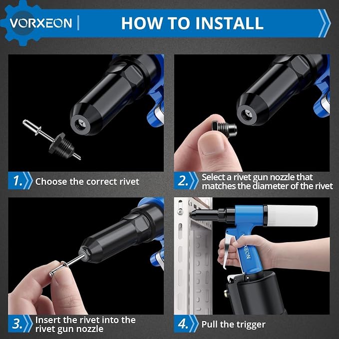 Air rivet gun 3/32" -1/4" with 500 Blind rivets aluminum Power pneumatic tool Air riveter Pulling pressure 3916 lbf for Metalworking Automotive