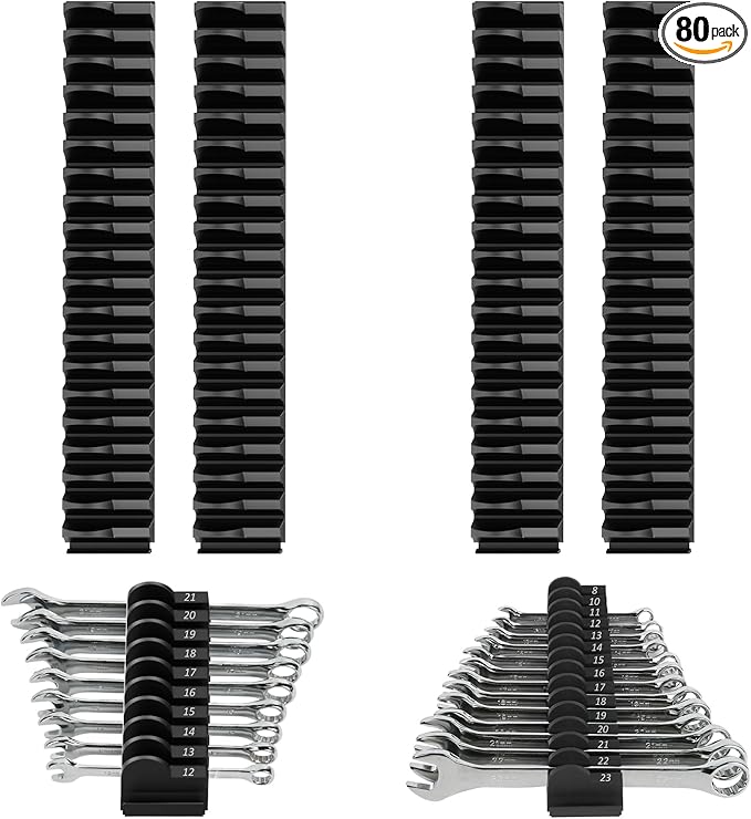 DEHOYI 80 pcs MAGNETIC Modular Wrench Organizers for Tool Drawers - Wrench Rack with Metric & SAE Labels, Perfect Tool Storage Holder. Gift for father, brother and boyfriend (With Magent) (Black)