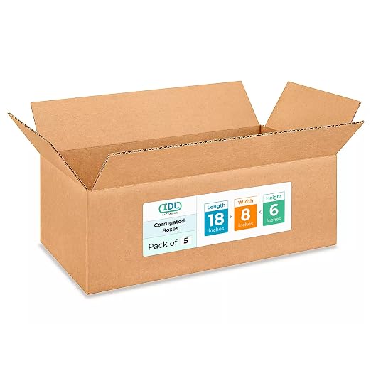 Medium Shipping & Moving Boxes 18 x 8 x 6 inches (5-Pack) - Extra Strength 200 lb vs Regular - USA-Made Corrugated Packing Boxes for USPS/UPS/FEDEX - Moving Cardboard Corrugated Box by IDL Packaging