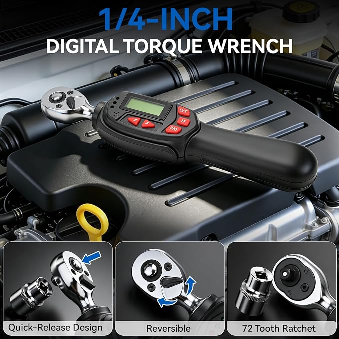 DISEN 1/4 inch Digital Torque Wrench Set with 13pcs Sockets & Extension Bar, 5-25 N.m / 3.7-18.4 Ft.lb, ±2% Accuracy, 3 Modes (Track/Peak/Pre), 5 Units, LED & Buzzer, for Auto Motorcycle Bike DIY