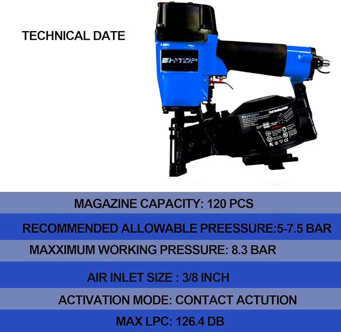 CN45N Roofing Nailer with 100Ft Air Hose, 15 Degree Roofing Nail Gun, 3/4-Inch to 1-3/4-Inch Coil Nails, 120-pcs Load Capacity Coil Nailer in Blue