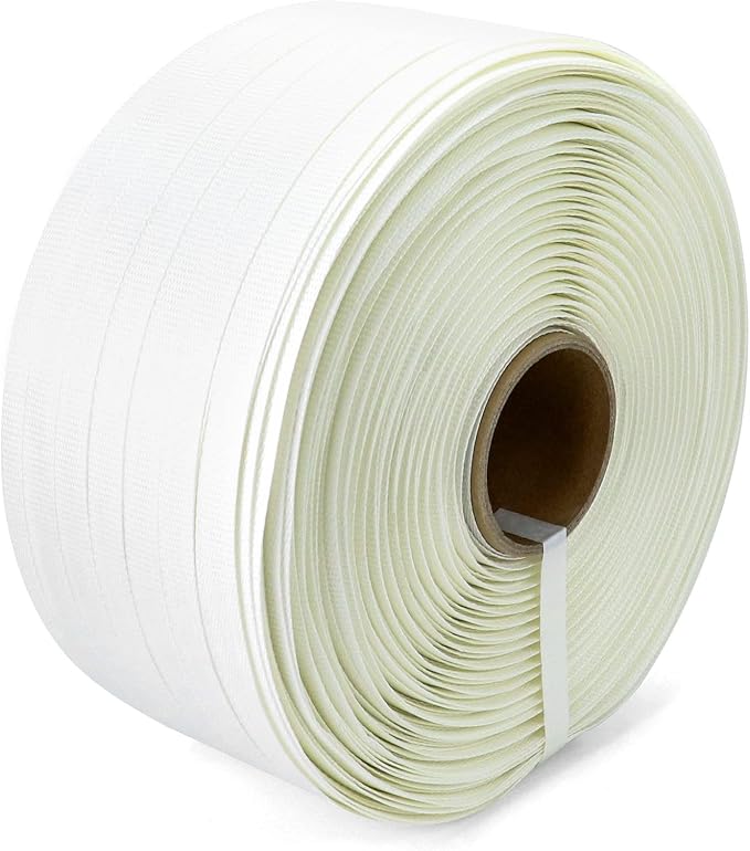 QWORK 3/4" x 1640' Woven Cord Strapping Roll, Heavy Duty Polyethylene Braided Rope Strap Roll, 1830 lb Strong Break Strength 6" x 3" Core, Strength and Flexibility, White