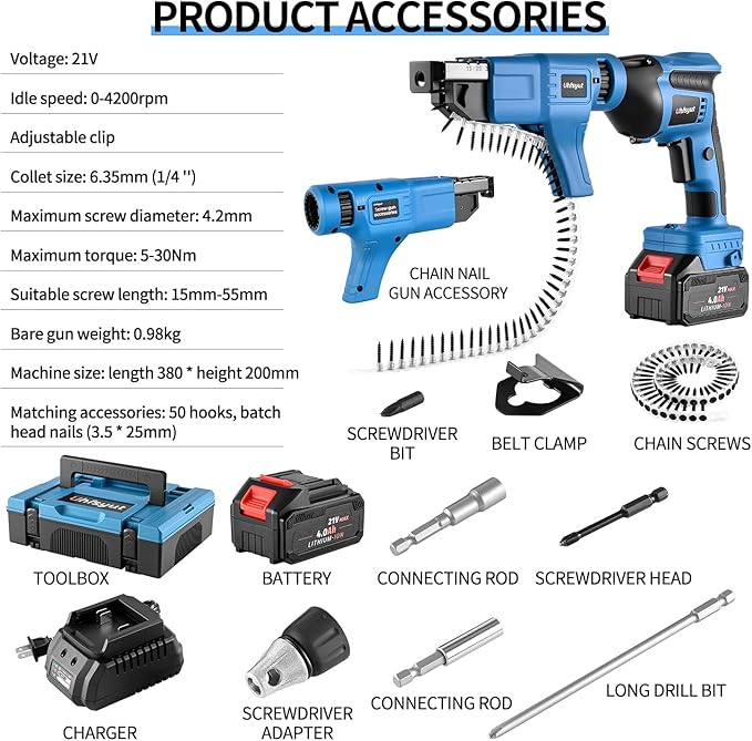 21V Cordless Drywall Screw Gun and Electric Screwdriver - 2-in-1 Self-Feeding Screwdriver, Includes Storage Toolbox and 4.0Ah Battery, Perfect for DIY and Professional Use (One battery set)