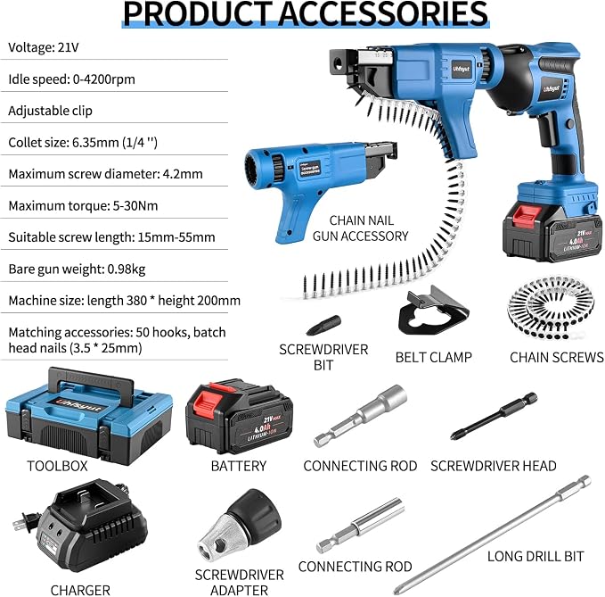 21V Cordless Drywall Screw Gun and Electric Screwdriver - 2-in-1 Self-Feeding Screwdriver, Includes Storage Toolbox and 4.0Ah Battery, Perfect for DIY and Professional Use (Battery free set)