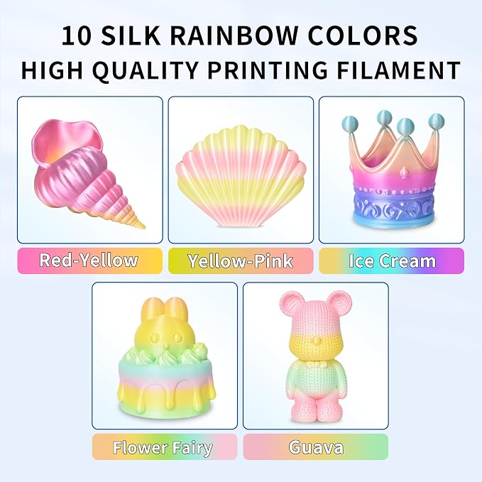RAMBERY Silk Rainbow PLA 3D Printer Filament Bundle, 10 Colors Total 10kg, 1.75mm Multicolor Gradient 3D Printing Filament for Most FDM 3D Printers, 1KG Spool (2.2lbs) x 10 PCS