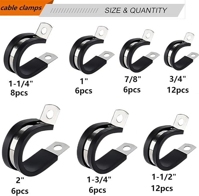 56PCS Large Stainless Steel Rubber Coated Cushioned Insulated Cable Clamps Assortment Kit - Automotive & Pipe Clamps in 7 Sizes - 3/4" to 2"