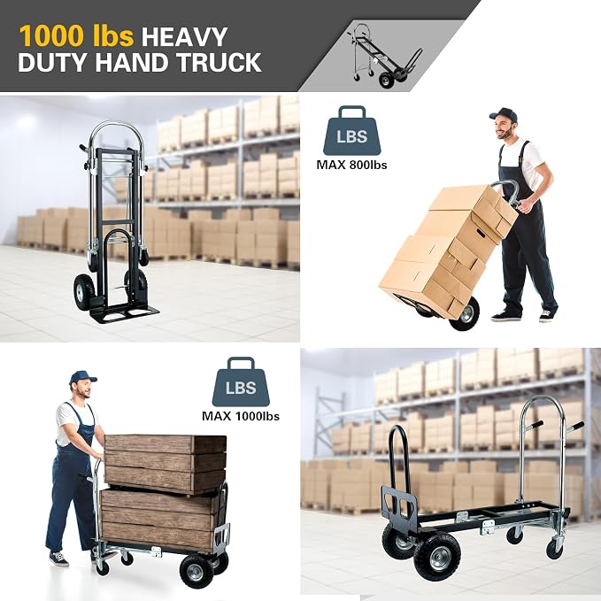 3 in 1 Industrial Convertible Hand Truck Dolly,Dolly Cart with Wheels 1000 Lbs Capacity,Appliance Dolly with Solid Wheels for Moving,Transport in Warehouses,Home,Factory,Supermarket (Black)
