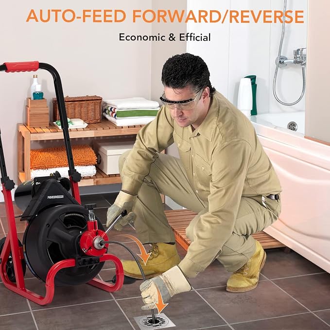75Ft x 1/2 Inch Drain Cleaner Machine, Electric Drain Snake with 6 Cutters Gloves, Electric Drain Clog Remover Plumbing Tool for 2 to 4 in Pipes, Auto Feed Sewer Snake Auger Drain Auger Cleaner