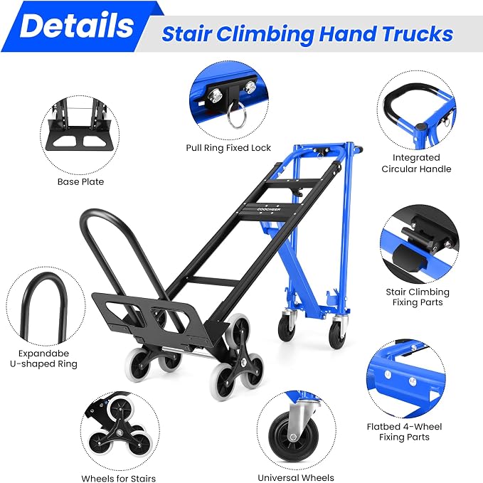 Professional 1000LBS Stair Climbing Hand Truck, Heavy Duty 3-in-1 Aluminum Convertible Dolly Cart with Solid Wheels for Moving, Office, Travel (Blue)