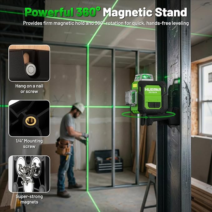 Huepar New 3D Laser Level 360° Self Leveling, 5 Years Warranty, Smaller Size, Better Value, 3x360 Green Laser Level 12 Lines, Rechargeable, Outdoor Pulse Mode, Cross Line for Construction ST03CG