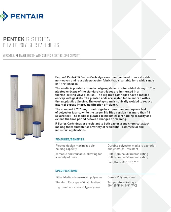 Pentair Pentek R30-20BB Big Blue Pleated Polyester Sediment Water Filter, 20" x 4.5", 30 Micron, Whole House Reusable Cartridge, Pack of 2