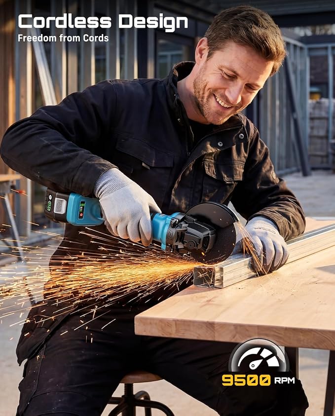 SEESII Angle Grinder Cordless 21V, 9500RPM Battery Grinder Tool, Brushless Motor, 2X 4.0Ah Batteries, Lightweight Design, 4-1/2 inch Power Electric Grinder Kit for Metal Cutting, Grinding