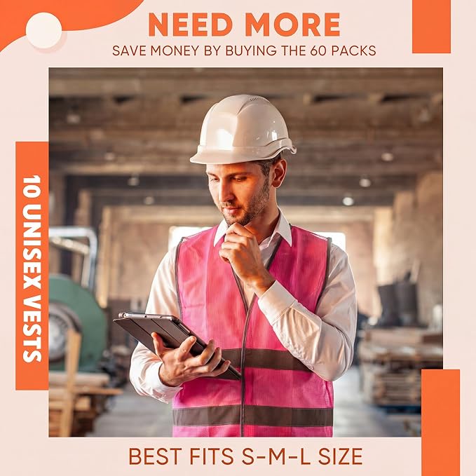 Tarpop 60 Packs Safety Vests Pack High Visibility Construction Vests Reflective Working with 2 Reflective Strips