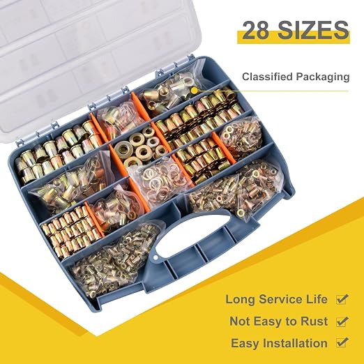 Rivet Nut Kit– Heavy Duty Rivet Nuts, Yellow Zinc Plating for Outdoor, Durable Storage Case (M3 M4 M5 M6 M8 M10 M12-1676PCS)