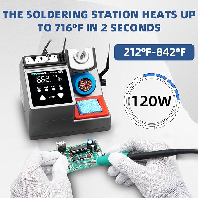 SUGON A9 210 Precision Soldering Stations 120W， LCD Display Digital Soldering Iron Kit,2 Seconds Fast Heating up 716℉, 3 Temperature Storage,212℉-842℉, ℃/℉,ESD,Quick Change Soldering Iron Tips Holder