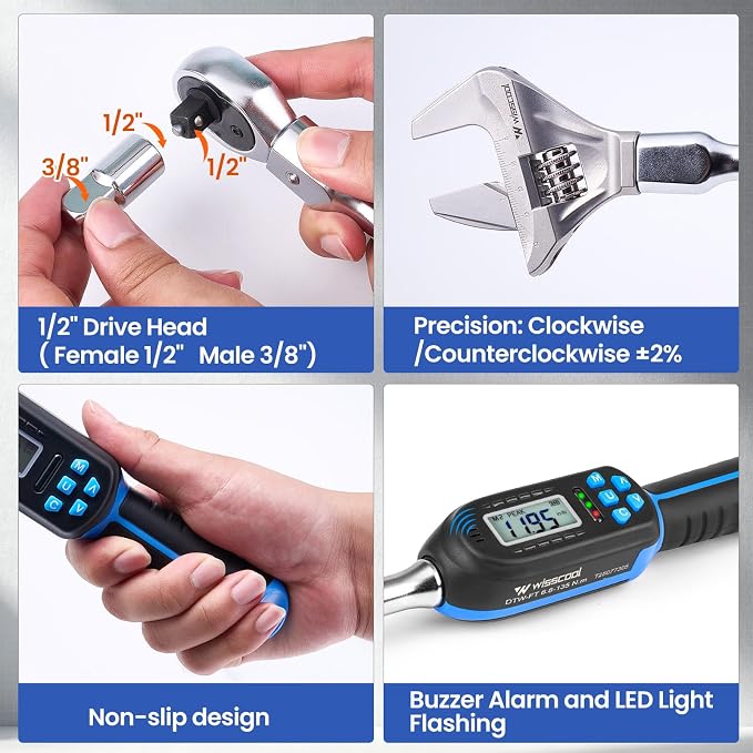 Wisscool Digital Torque Wrench, 5-99.6 ft.lb/6.8-135 N.m, HVAC Torque Wrench with 42mm Jaw, 1/2 Drive Ratchet 3/8 Adapter ±2% Accuracy, Vibration Buzzer and LED Indicator for Split AC Moto Car