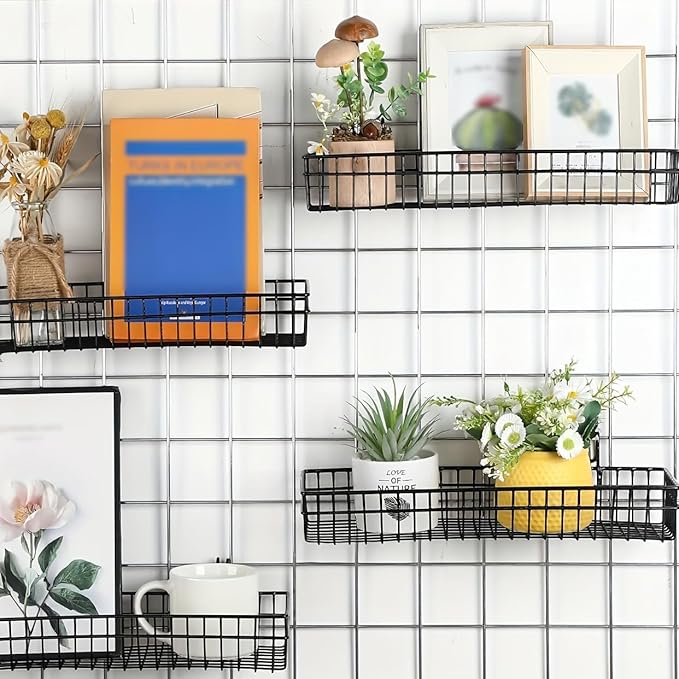4 Pack 15.75 x 6 x 2.36 Inch Metal Grid Wall Baskets with Hooks, Hanging Wire Grid Basket, Multi-Function Wall Mounted Organizer for Kitchen Organizing Display, White