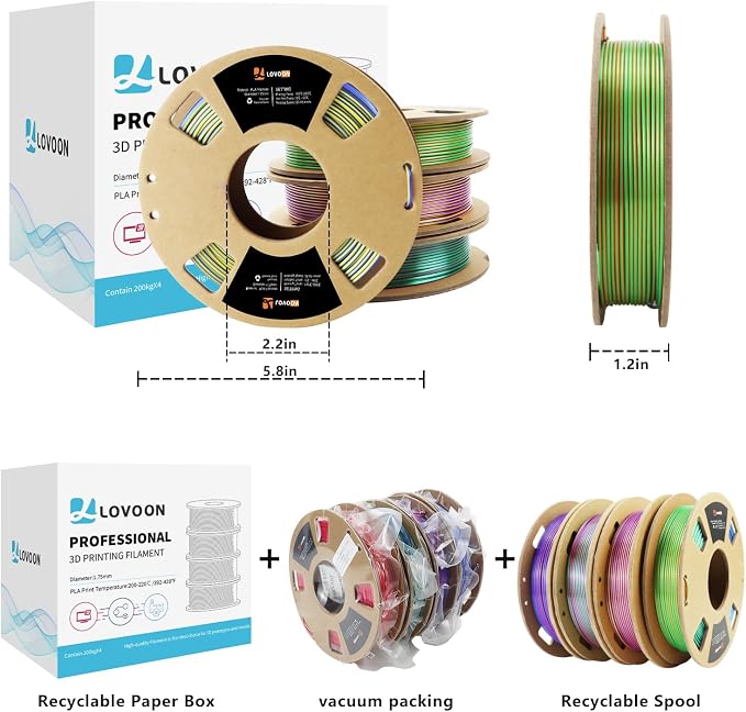 LOVOON 3D PLA Filament 1.75mm Bundle, Tricolor 3D Printer Filament Bundle, Rainbow Silk PLA Filament Bundle, PLA Filament for 3D Printer 3D Pen, Dimensional Accuracy +/-0.02mm, 200g x 4 Spools