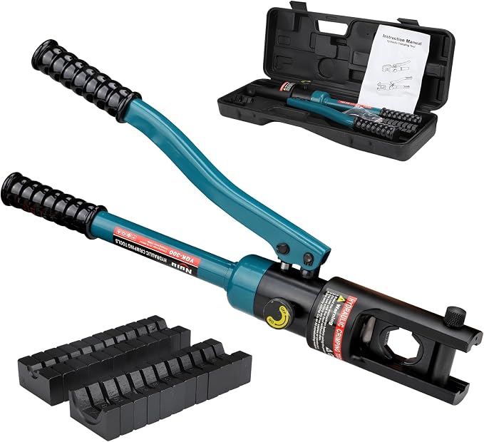 YQK-300 Hydraulic Crimping Tool 12T, Wire Crimper for Battery Cable Terminals 16-300mm²(6 AWG to 8/0 AWG)with 11PCS Hex Dies,16mm Stroke, 180°Swivel Head - Professional Electrician Crimper(Blue)