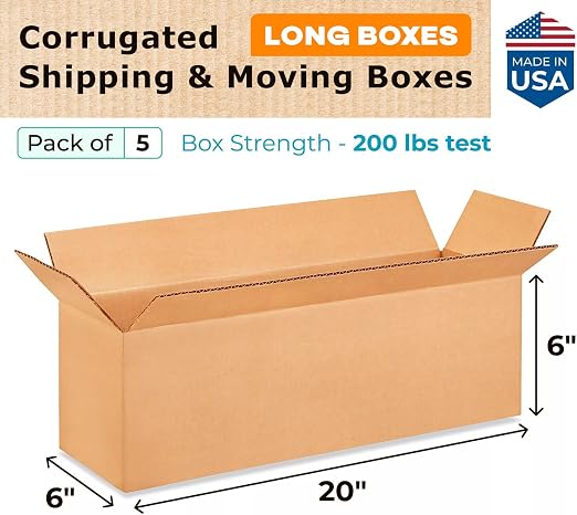 Long Shipping & Moving Boxes 20 x 6 x 6 inches (5-Pack) - Extra Strength 200 lb vs Regular - USA-Made Corrugated Shipping Boxes for USPS/UPS/FEDEX - Heavy-Duty Cardboard Box by IDL Packaging -