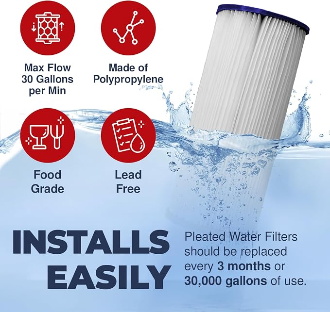 High Performance, 20 Inch Whole House Pleated Water Sediment Filter Replacement 5 Micron Water Filter Cartridge Compatible with ECP5-20BB, SPC-45-2005, Made in USA, 4-Pack