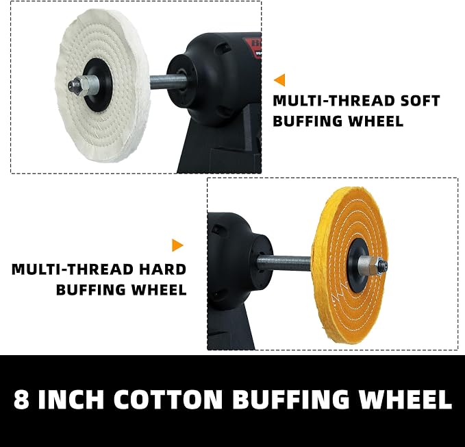 BUCKTOOL 1HP VFD Motor 8-Inch Variable Speed Bench Buffer Polisher, 900-3600 RPM One Button Speed Setting Powerful Benchtop Polisher, Extended Polishing Shaft for Jewelry, Metal Power Bench Grinders