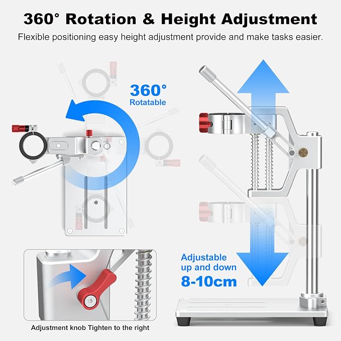 Drill Press Rotary Tool Workstation Stand with Wrench, Mini Portable Press & Tool Holder -1.5 Inch Depth & 360° Rotation - Ideal for Drilling Perpendicular and Angled Holes, DIY Crafts