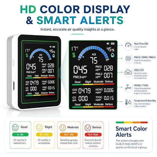 Upgraded 10-in-1 Smart Air Quality Monitor – Professional Indoor Air Test Kit for CO₂, TVOC, HCHO, PM0.3-10, PM2.5, Temperature & AQI – Home, Car, Pets, Plants, Hotels – White