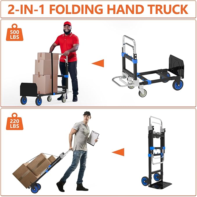 3 in 1 Heavy Duty Folding Hand Truck, Convertible Portable Steel Dolly with Telescopic Handle, Foldable Utility Cart with Rubber Wheels, 500 LBS