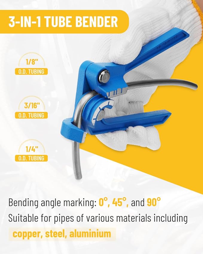 25 ft 3/16in Zinc-Plated Brake Line Flaring Tool Kit, Includes 3-in-1 Tube Bender, Double & Single Flaring Tool Set, 1 Tube Cutter, 2 Threads Unions, 20 Fittings