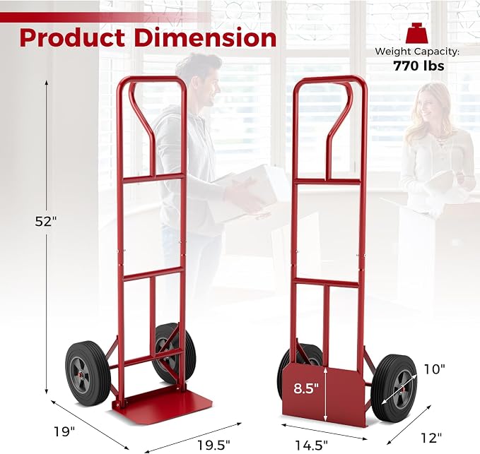 Goplus Hand Truck, P-Handle Hand Truck Dolly w/770LBS Capacity, Vertical Loop Handle, 10” Rubber Wheels, 14.5”x 8.5” Foldable Nose Plate, Heavy Duty Metal Dolly Cart for Lifting, Stairs