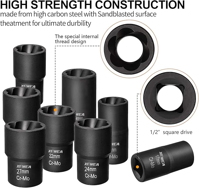 XEWEA 9PCS Lug Nut Extractor Set, 1/2" Drive Impact Bolt Nut Remover Socket Tool, Wheel Lock Removal Kit, Easy Out Extractor Set for Damaged, Frozen, Rusted, Rounded-Off Bolts Nuts