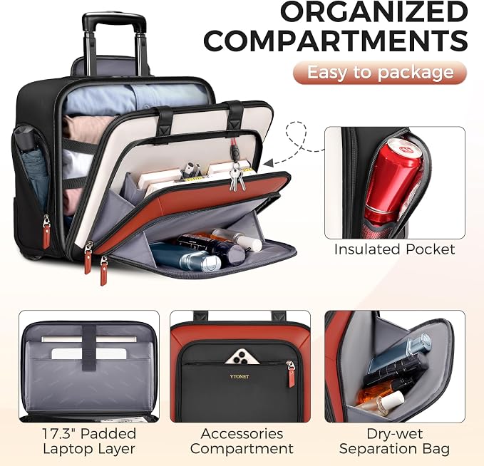 Ytonet Rolling Laptop Bag, Rolling Briefcase for Women with Lock, 17.3 Inch Carry On Laptop Bag with Wheels, Roller Bag with Insulated & Waterproof Pocket, Teacher Bag for Work Travel Business College