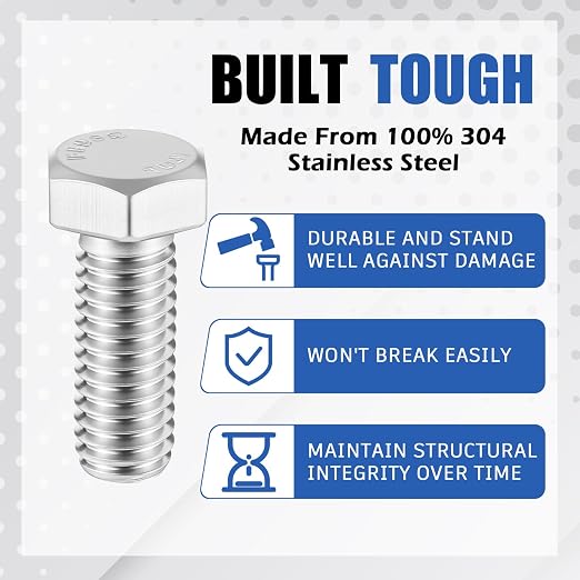 Zonon 100 Pcs 3/8-16 x 1 Hex Head Screw Bolt 18-8 (304) Stainless Steel Hexagon Bolts, Fully Threaded, Plain Finish, External Hex Drive (Silver)