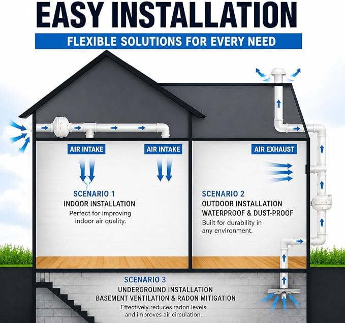 4 inch Radon Mitigation Fan 4" – 190 CFM Quiet Inline Duct Fan | IP67 Waterproof, 58 W Energy‑Saving Motor – Easy Install Indoor/Outdoor Radon Exhaust System