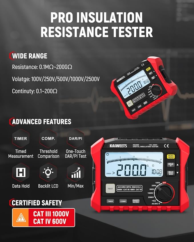 KAIWEETS KE2500 Insulation Resistance Tester Up to 200GΩ Pro Megohmmeter and KAIWEETS KBA02 Two-Way Articulating Borescope Camera with Light with 0.25in Slim Probe