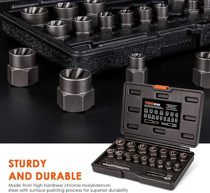 THINKWORK Bolt Extractor Kit, 18-Piece Nut Extractor Socket Set, 3/8" Drive Rounded Bolt Remover, Lug Nut Removal Tool for Damaged, Rusted, Rounded-Off, Stripped Fasteners