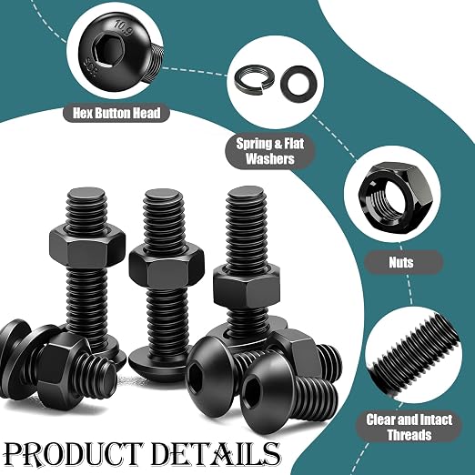 mxuteuk 204PCS M6 Screws,M6x8/10/12/16/20/25/30/35mm Hex Button Head Cap Bolts with Nuts & Washers,10.9 Grade Alloy Steel Black Zinc Screws Assortment Kit for 3D Printing,DIY