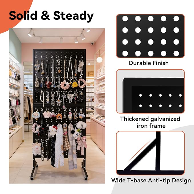 2'×5.5' Standing Peg Board Display Stand with Wheels & 30 Hooks & T-Base, Metal Portable Heavy Duty Pegboard Display Rack with Locking Casters for Retail Store, Craft Show, Vendors, Art Display Black