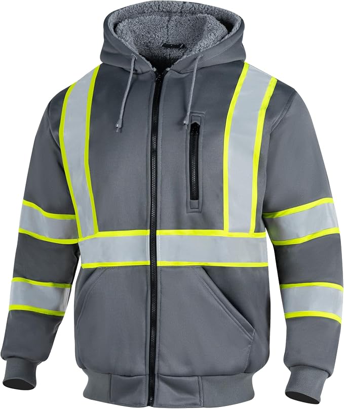 VENDACE Men's ANSI Class 3 High Vis Safety Reflective Sweatshirt Wool Fleece Zipper Jacket Hoodie (Grey,2XL)