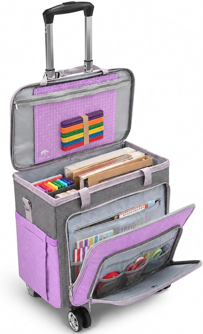 Rolling Teacher Tote Bag with Wheels Craft Storage Organizer Bag, Portable Wheeled Craft Cart for Teacher Art Office Scrapbook Supplies, Heavy Duty Multi-Purpose Rolling Tote Purple