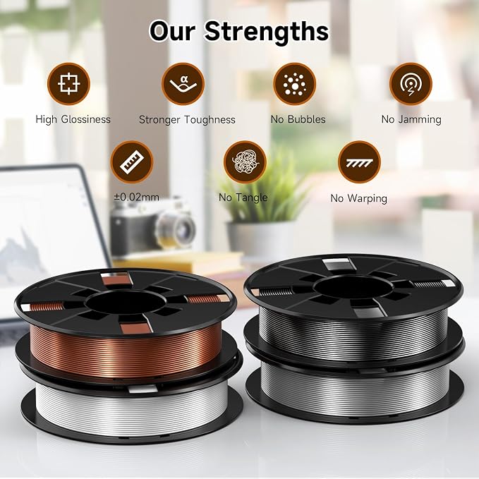ENTINA 4 Colors Silk Shiny 3D Printer Filament Bundle, PLA Filament 1.75 mm for 3D Printers, Dimensional Accuracy +/- 0.02 mm, 200g x 4 Spools Set