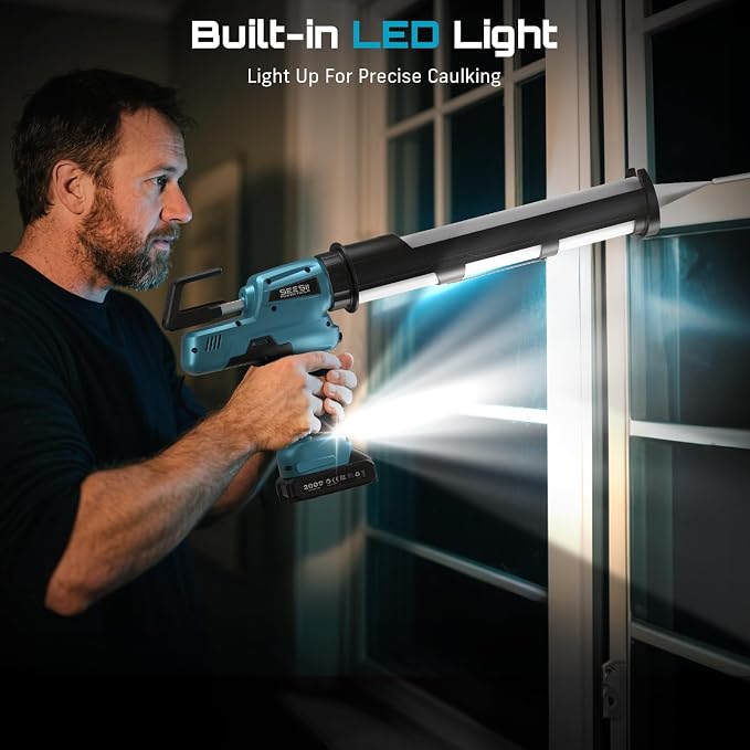 SEESII Electric Caulking Gun 29oz, Cordless Caulk Gun with 2x 2000mAh Battery, Stepless Speed, Anti-Drip, Led Light, Battery Powered Caulking Gun for Filling, Sealing