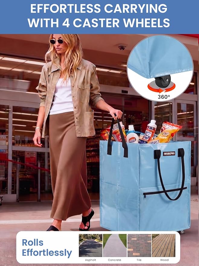 WORKPRO Medium Rolling Grocery Bag, 18-Gallon Tote with 4 Wheels, 75 lbs Capacity, Dual Carry, Wide Zipper & Extra Storage for Shopping, Laundry & Moving