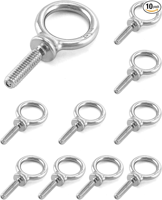 QWORK Eye Bolt, 10 Pack 1/4" - 20 x 1" Marine Grade Stainless Steel Lifting Ring Threaded Eyebolts